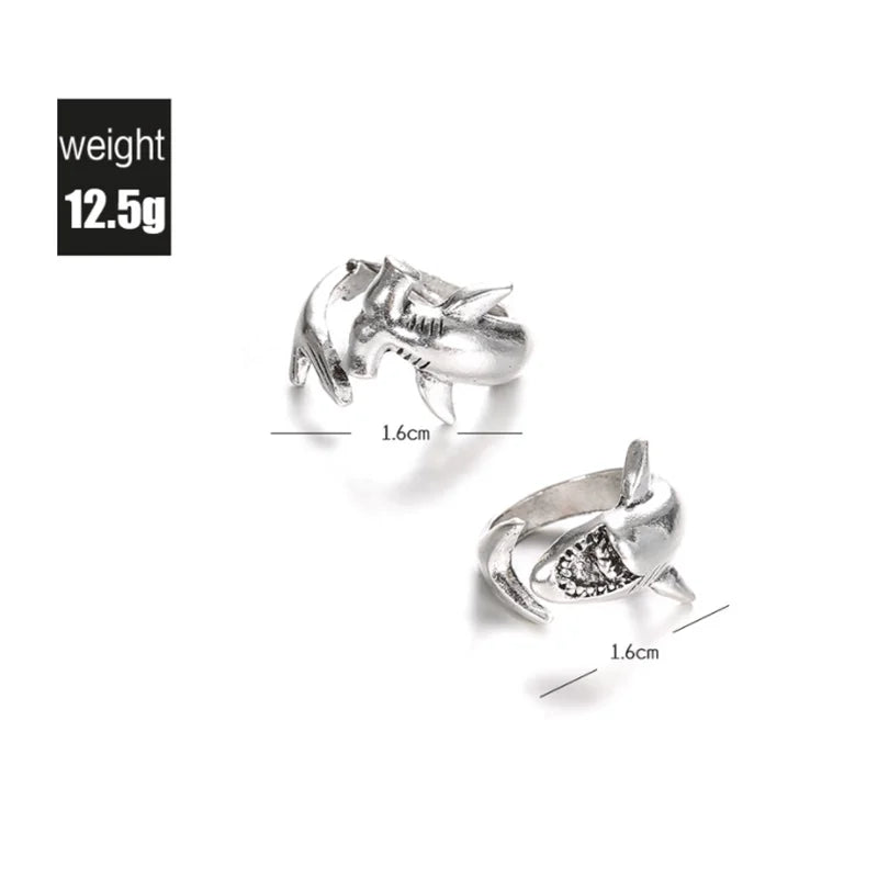 Shark Finger Ring Set 2Pcs Women Men Adjustable Opening Ring Simple Punk Style Metal Finger Rings Unisex Party Jewelry