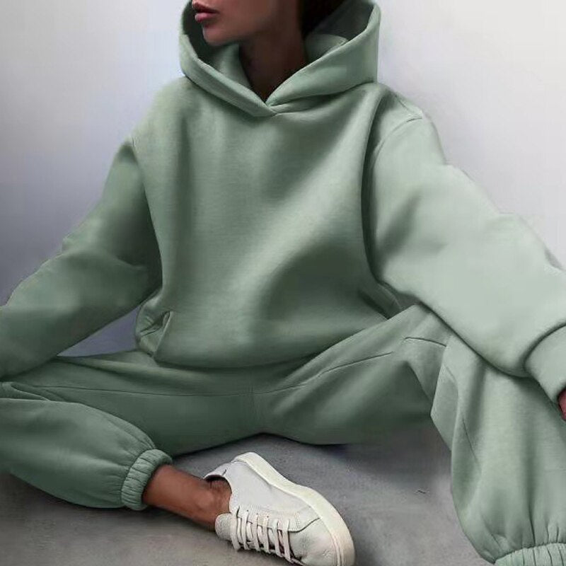 New Tracksuit Women Elegant Solid Suits Fleece Warm Hoodies 2 Piece Set Autumn Winter Fashion Oversized Sweatshirts Tracksuit