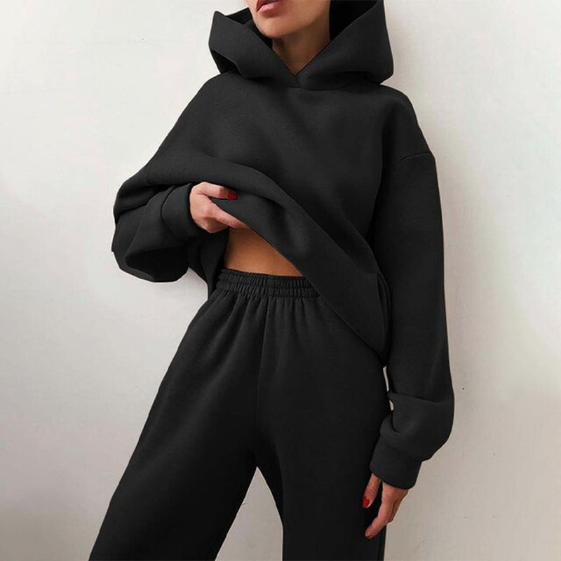 New Tracksuit Women Elegant Solid Suits Fleece Warm Hoodies 2 Piece Set Autumn Winter Fashion Oversized Sweatshirts Tracksuit