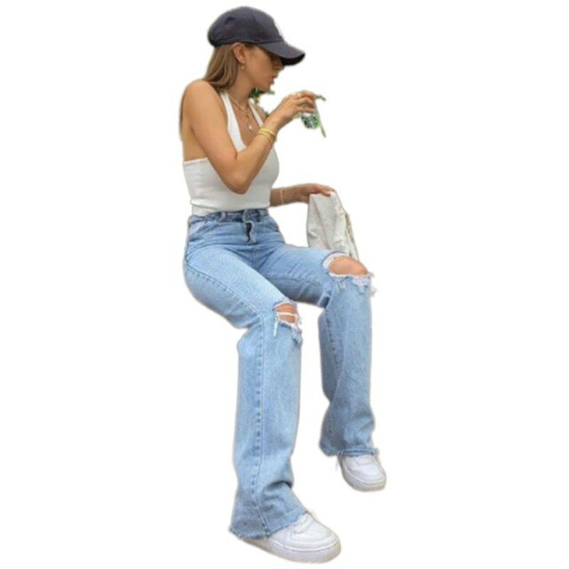 Women Ripped Flared Jeans High Waist Loose Denim Pants Lady Causal Bell Bottom Pants Vintage Streetwear Hole Wide Leg Trousers
