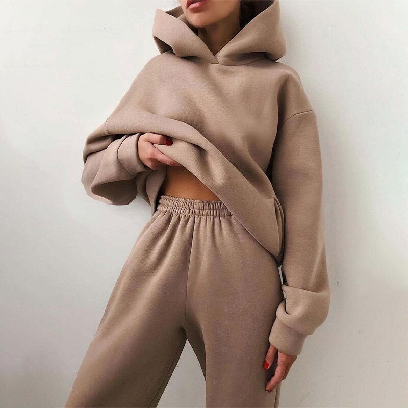 New Tracksuit Women Elegant Solid Suits Fleece Warm Hoodies 2 Piece Set Autumn Winter Fashion Oversized Sweatshirts Tracksuit