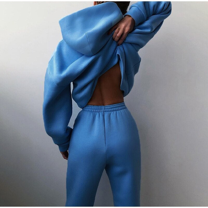 New Tracksuit Women Elegant Solid Suits Fleece Warm Hoodies 2 Piece Set Autumn Winter Fashion Oversized Sweatshirts Tracksuit