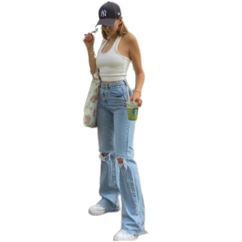 Women Ripped Flared Jeans High Waist Loose Denim Pants Lady Causal Bell Bottom Pants Vintage Streetwear Hole Wide Leg Trousers