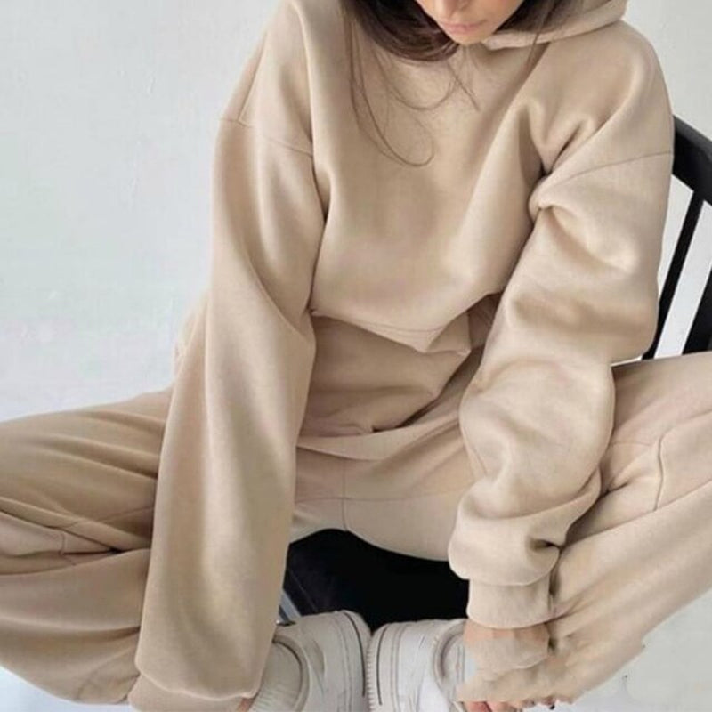 New Tracksuit Women Elegant Solid Suits Fleece Warm Hoodies 2 Piece Set Autumn Winter Fashion Oversized Sweatshirts Tracksuit