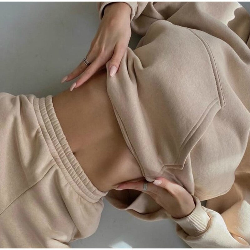 New Tracksuit Women Elegant Solid Suits Fleece Warm Hoodies 2 Piece Set Autumn Winter Fashion Oversized Sweatshirts Tracksuit