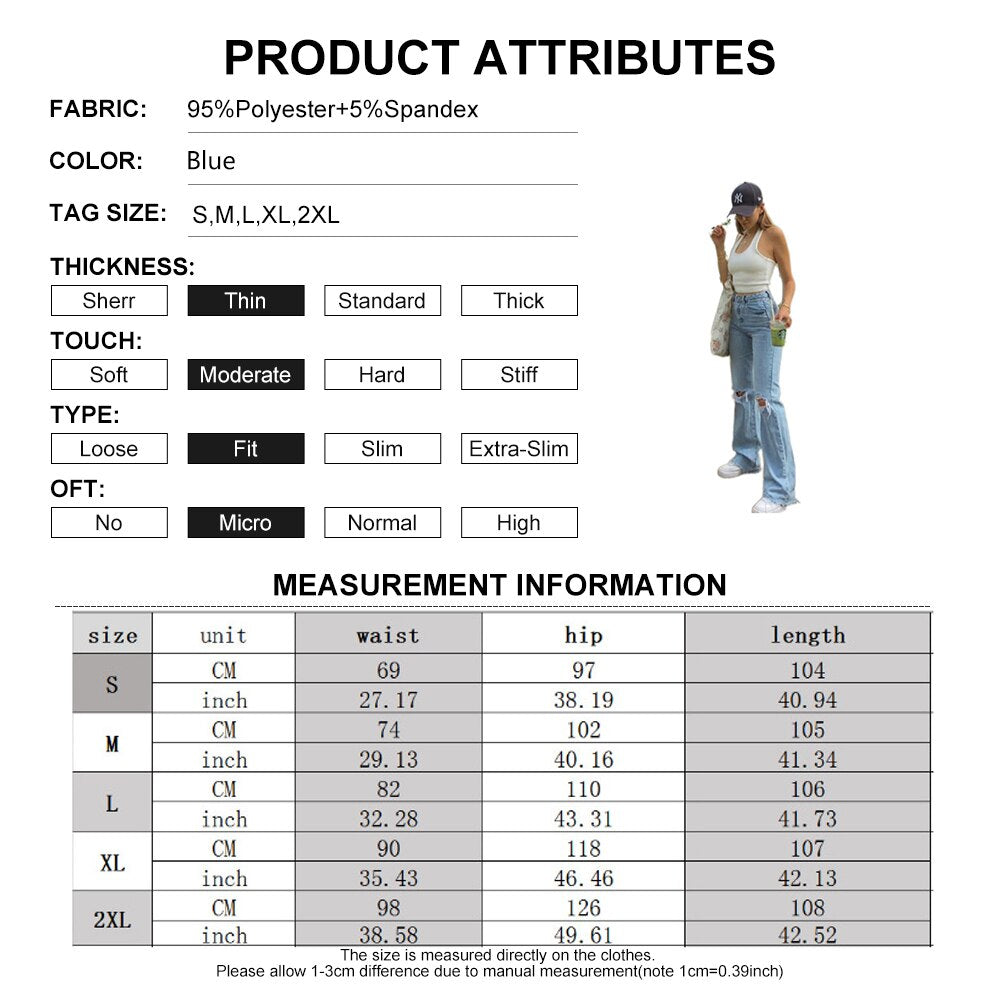 Women Ripped Flared Jeans High Waist Loose Denim Pants Lady Causal Bell Bottom Pants Vintage Streetwear Hole Wide Leg Trousers