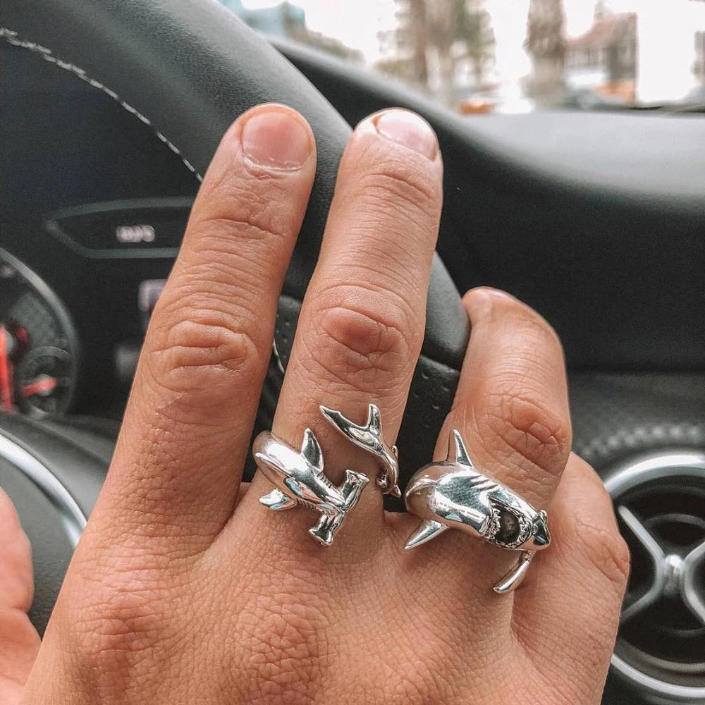 Shark Finger Ring Set 2Pcs Women Men Adjustable Opening Ring Simple Punk Style Metal Finger Rings Unisex Party Jewelry