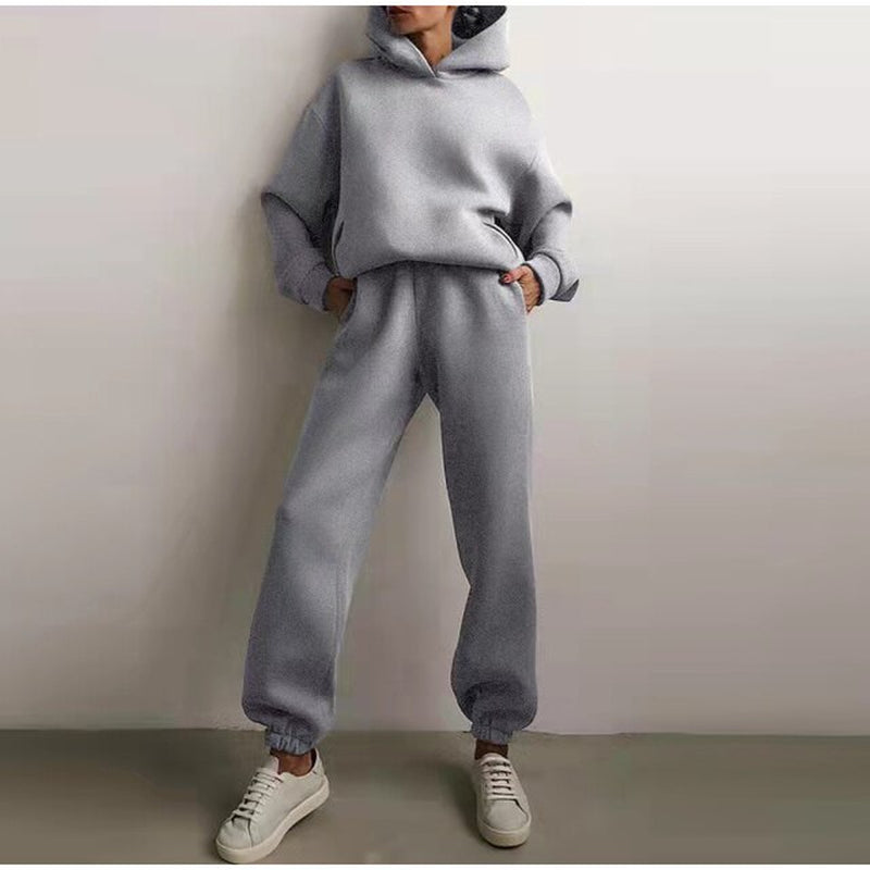 New Tracksuit Women Elegant Solid Suits Fleece Warm Hoodies 2 Piece Set Autumn Winter Fashion Oversized Sweatshirts Tracksuit