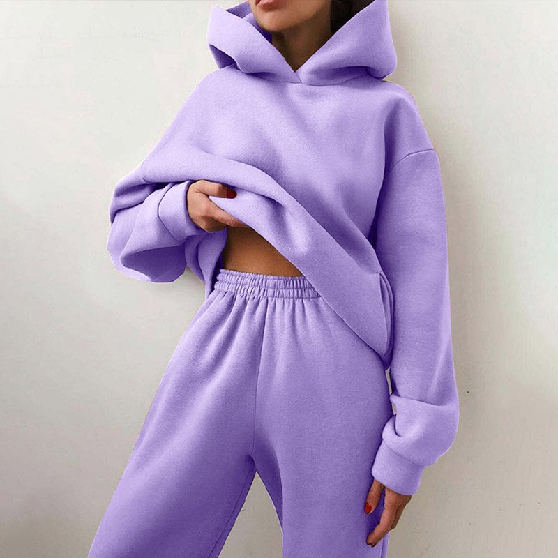 New Tracksuit Women Elegant Solid Suits Fleece Warm Hoodies 2 Piece Set Autumn Winter Fashion Oversized Sweatshirts Tracksuit
