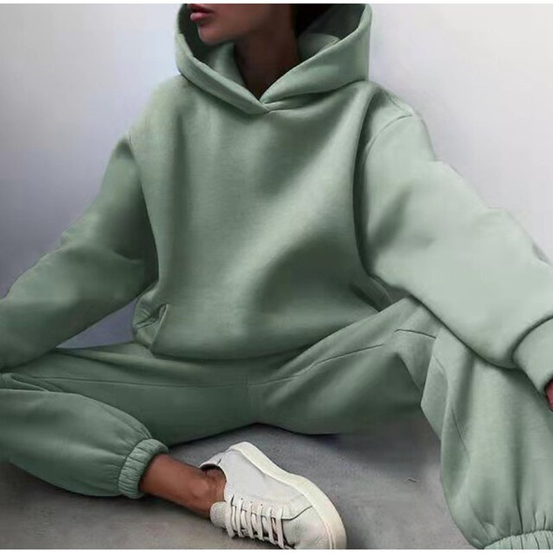 New Tracksuit Women Elegant Solid Suits Fleece Warm Hoodies 2 Piece Set Autumn Winter Fashion Oversized Sweatshirts Tracksuit