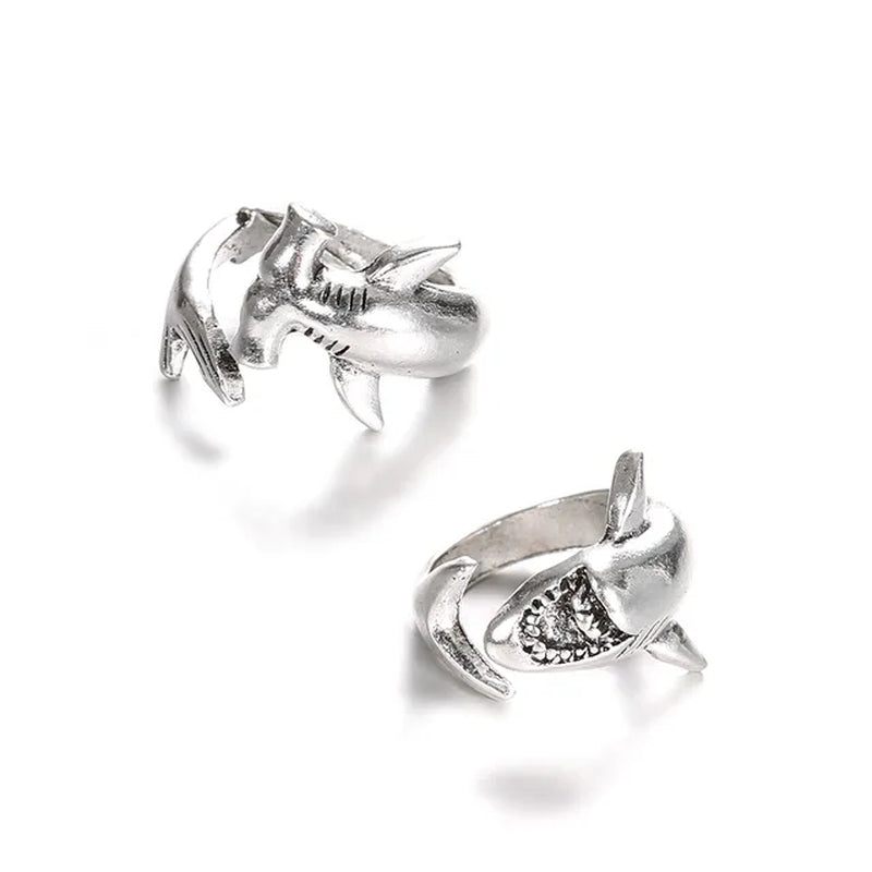 Shark Finger Ring Set 2Pcs Women Men Adjustable Opening Ring Simple Punk Style Metal Finger Rings Unisex Party Jewelry