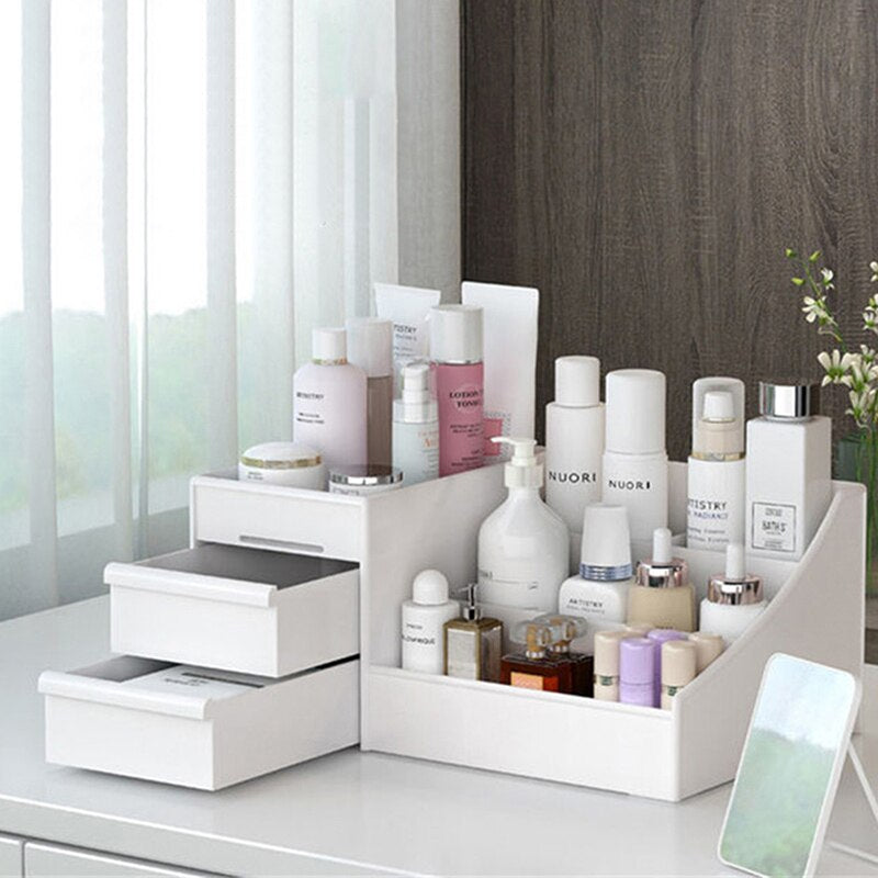 Cosmetic Makeup Organizer with Drawers, Plastic Bathroom Skincare Storage Box Brush Lipstick Holder Organizers Storag