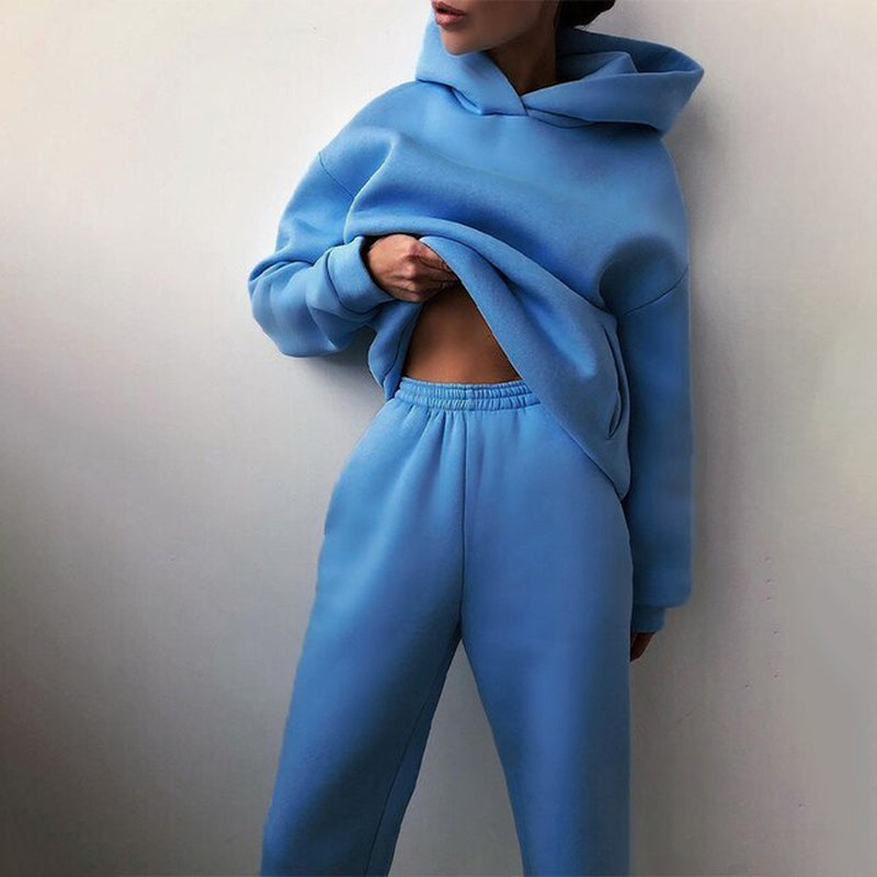 New Tracksuit Women Elegant Solid Suits Fleece Warm Hoodies 2 Piece Set Autumn Winter Fashion Oversized Sweatshirts Tracksuit