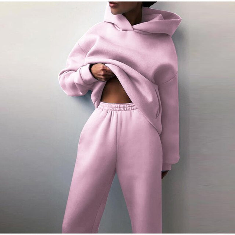 New Tracksuit Women Elegant Solid Suits Fleece Warm Hoodies 2 Piece Set Autumn Winter Fashion Oversized Sweatshirts Tracksuit