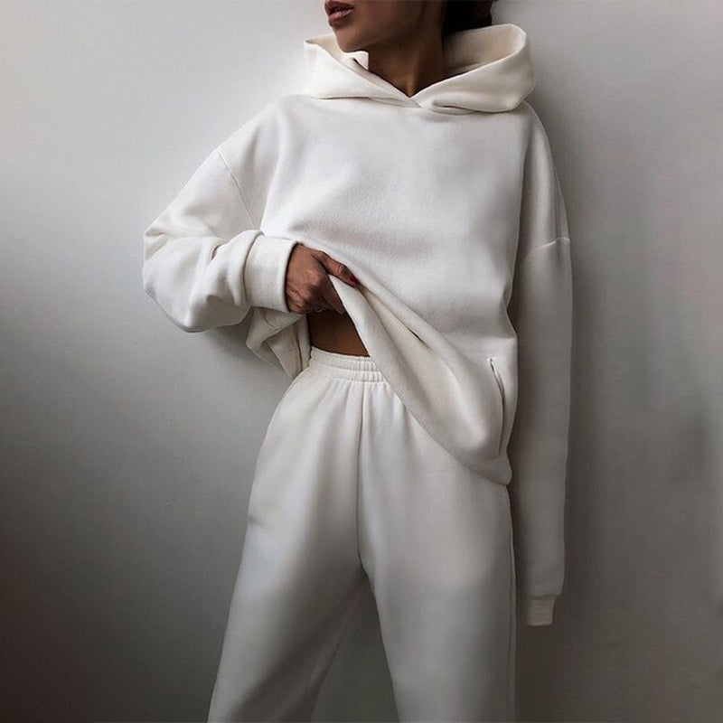 New Tracksuit Women Elegant Solid Suits Fleece Warm Hoodies 2 Piece Set Autumn Winter Fashion Oversized Sweatshirts Tracksuit
