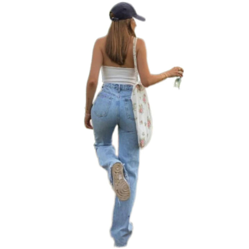 Women Ripped Flared Jeans High Waist Loose Denim Pants Lady Causal Bell Bottom Pants Vintage Streetwear Hole Wide Leg Trousers